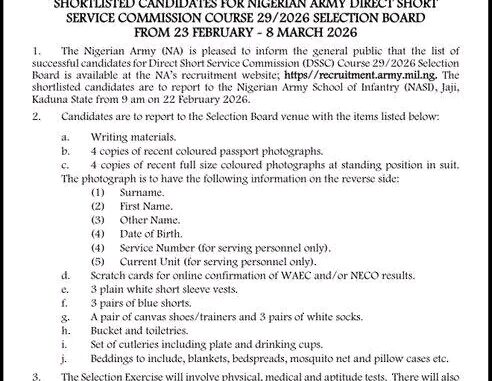 1770674968882 Nigerian Army DSSC 29/2026 Shortlisted Candidates