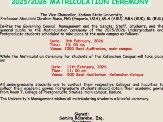 KASU Releases Official Notice for 2025/2026 Matriculation Ceremony