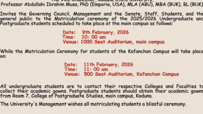 KASU Releases Official Notice for 2025/2026 Matriculation Ceremony