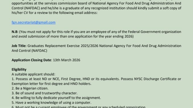 NAFDAC Graduates Replacement Exercise 2026