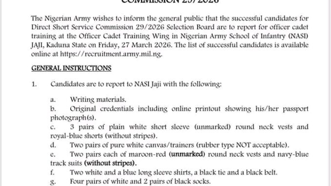 Nigerian Army DSSC 29/2026 List